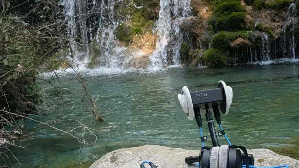 PXL_20260308_124412659.PORTRAIT A pair of audio recording devices set on a rock near a serene waterfall and clear turquoise water, surrounded by lush greenery.